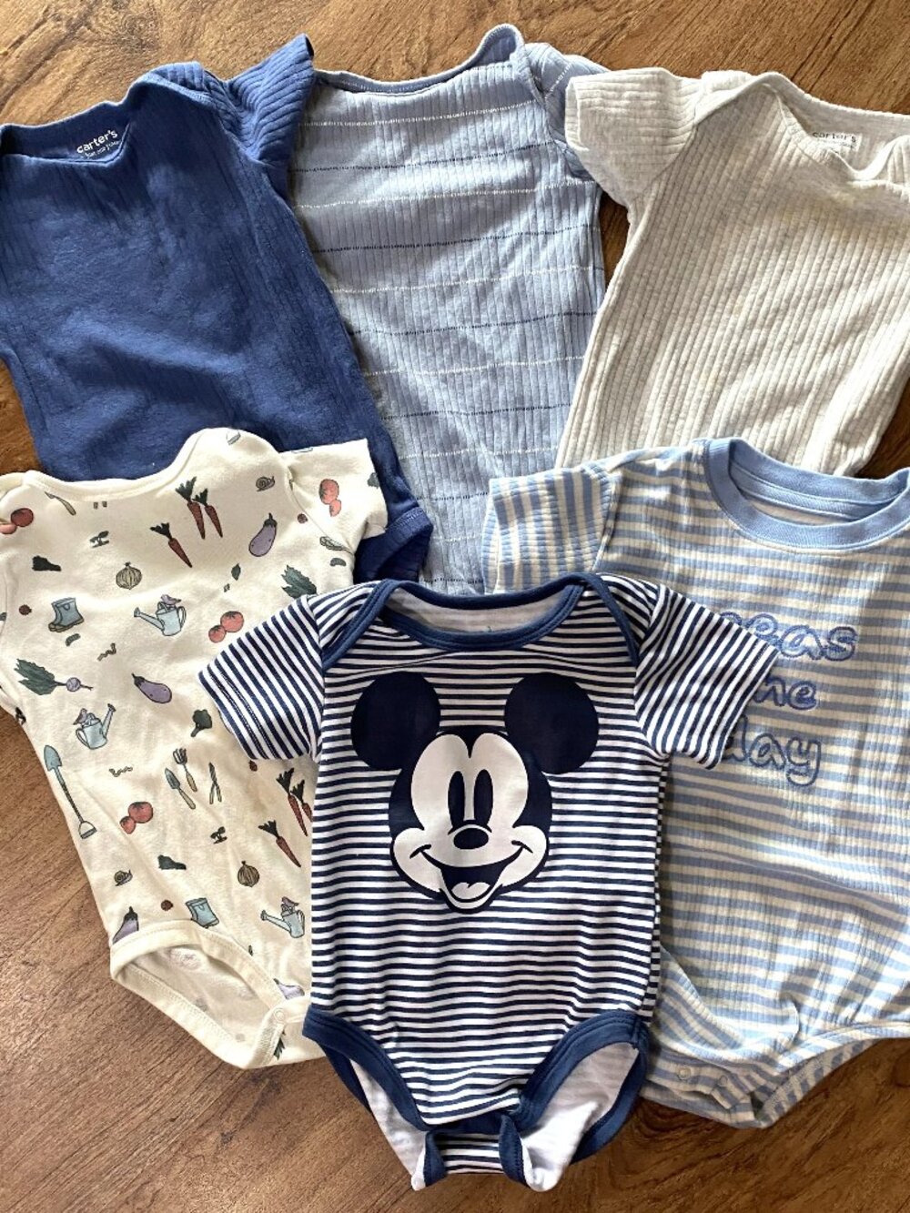 Lot 6 S/S One Piece Bodysuits-Stripes/Mickey/Garden Print-Disney/Carter-12M